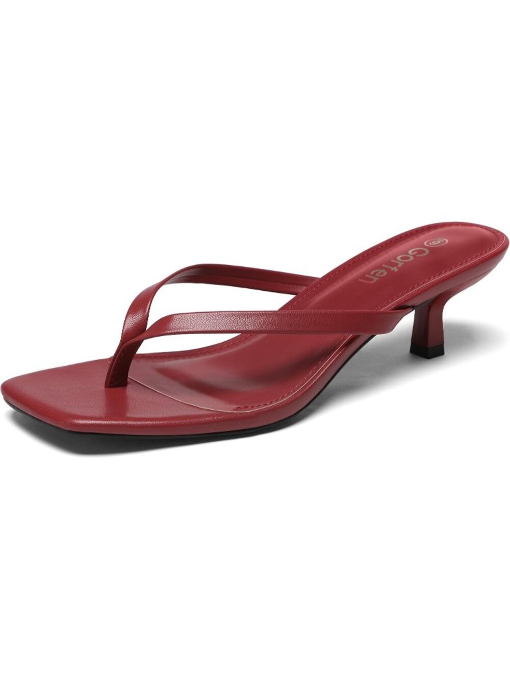 Women Red Solid Open Square-Toe Slip-On Thong Flip-Flop Kitten Heeled Sandal